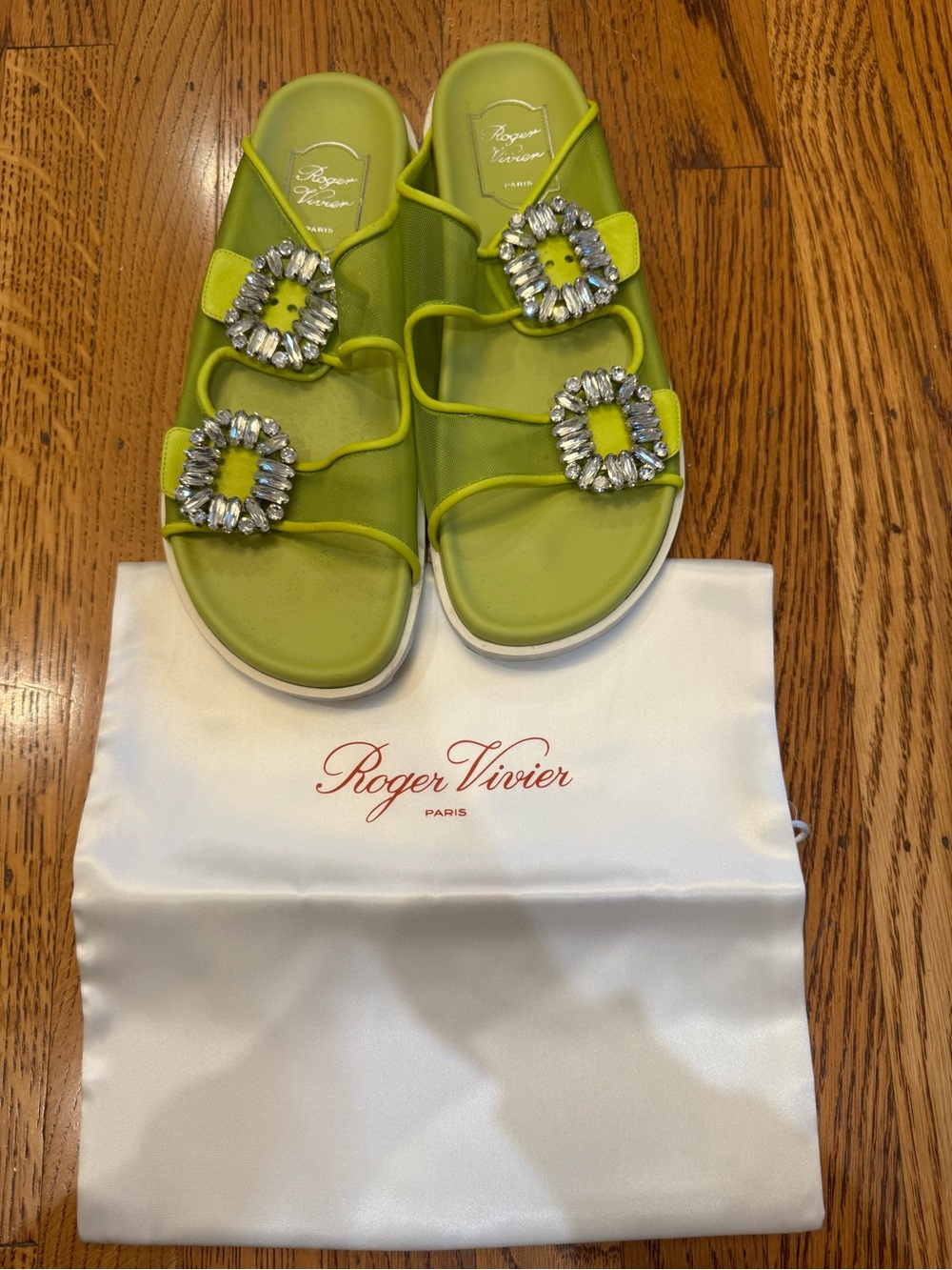 Roger Vivier Neon Lime Crystal Buckle Slide Sandals
